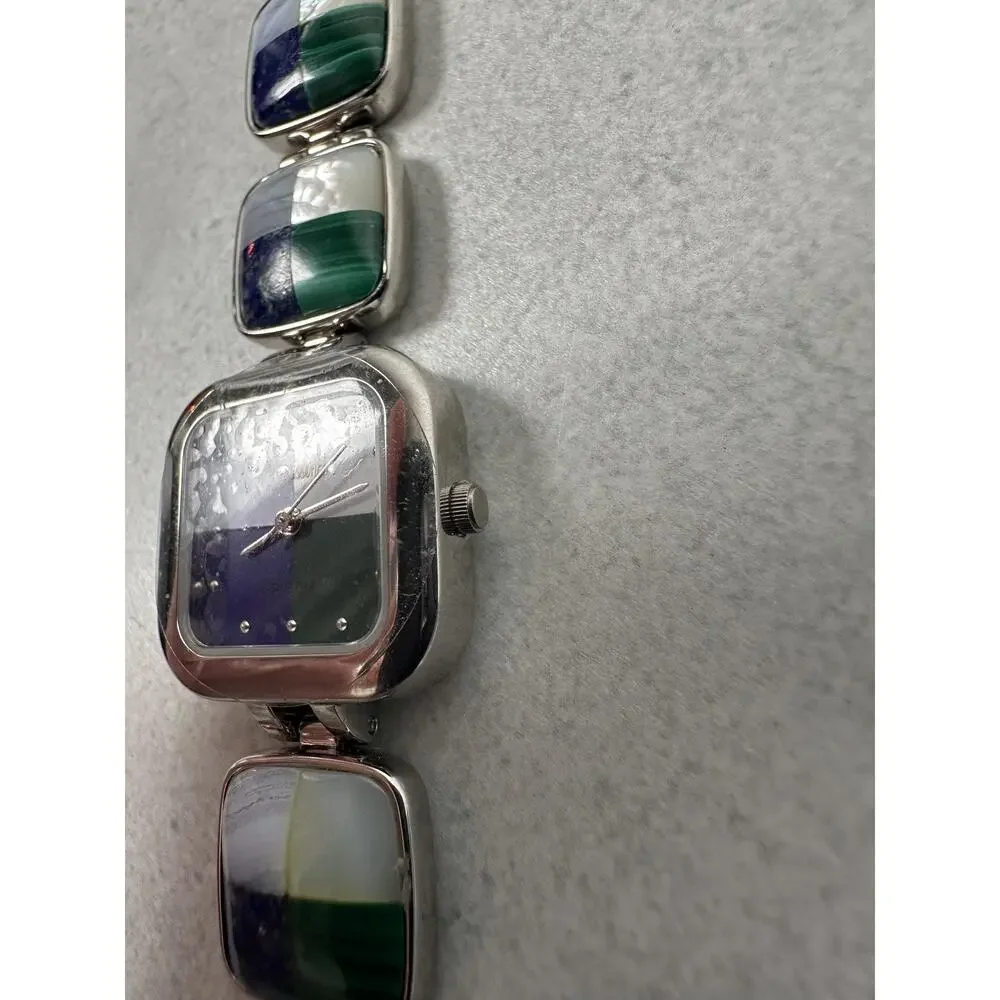 Gem Essence Watch Womens 23mm Square Blue Green White Stone Inlay New Battery